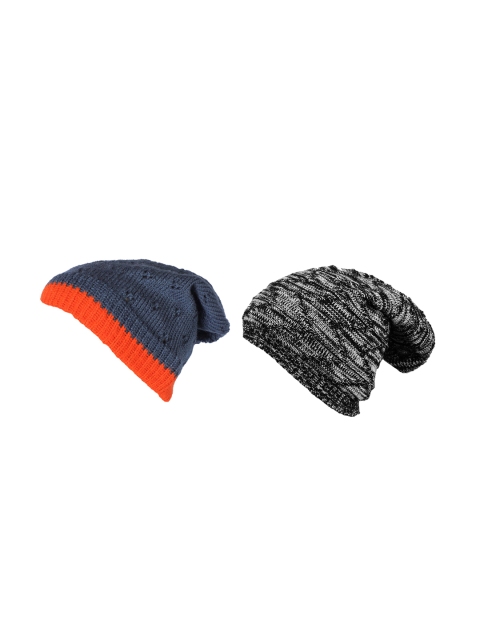 

Knotyy Pack of 2 Unisex Blue & Grey Solid Beanie