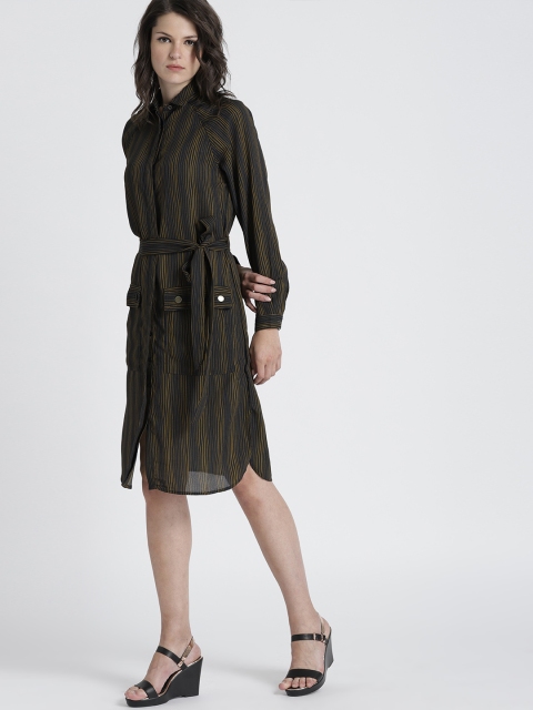 

Chemistry Women Navy Blue & Olive Green Striped Shirt Dress