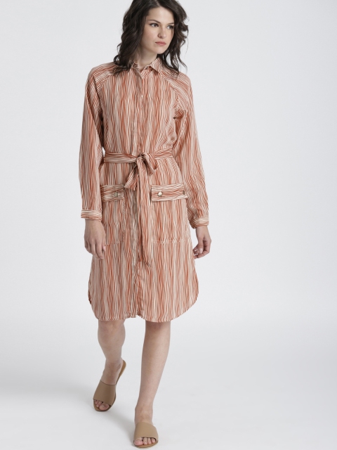 

Chemistry Women Brown & White Striped Shirt Dress