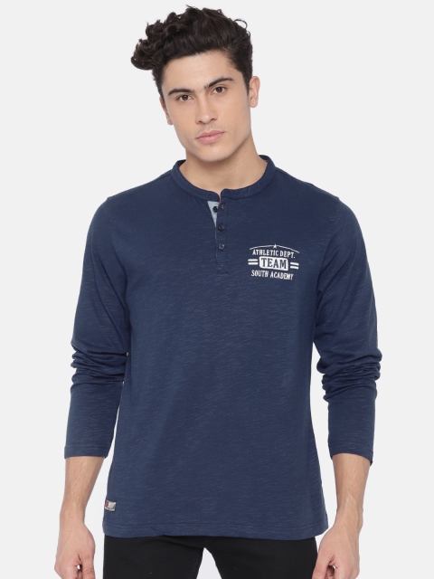

American Crew Men Navy Blue Striped Henley Neck T-shirt