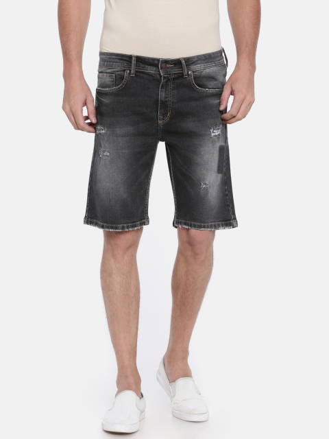 

American Crew Men Charcoal Grey Washed Slim Fit Distressed Denim Shorts