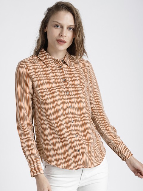 

Chemistry Women Brown & Cream-Coloured Regular Fit Striped Casual Shirt