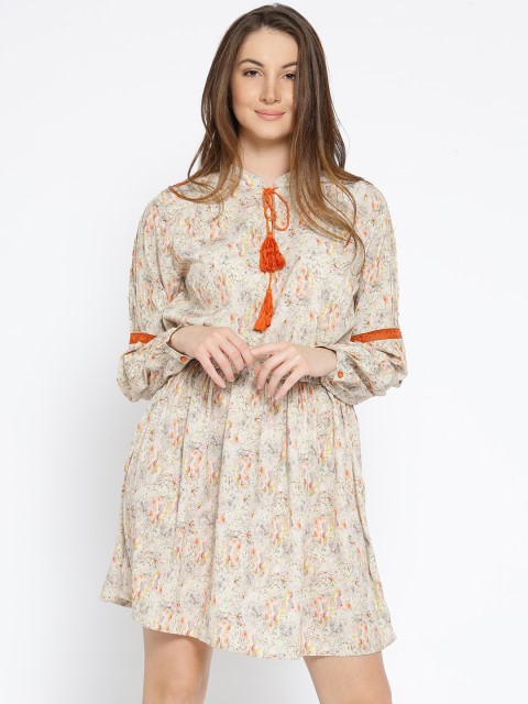 

I AM FOR YOU Women Beige & Orange Printed A-Line Dress