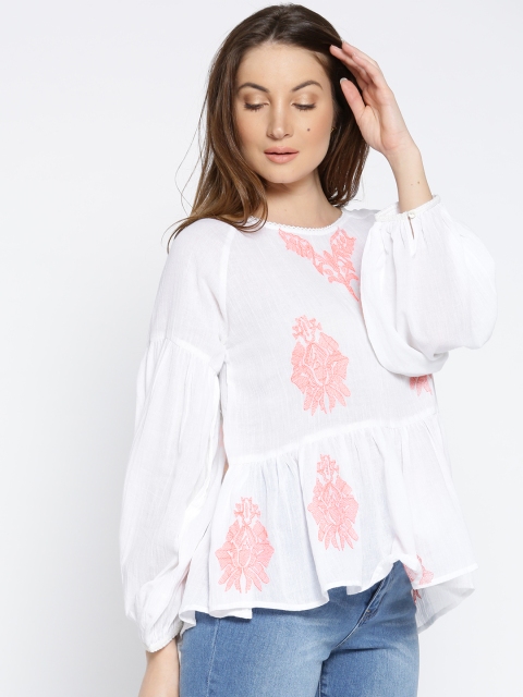 

I AM FOR YOU Women White Embroidered A-Line Top