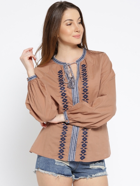 

I AM FOR YOU Women Brown Embroidered Pure Cotton Top