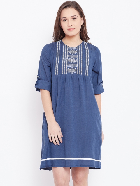 

Global Desi Women Blue Self Design A-Line Dress