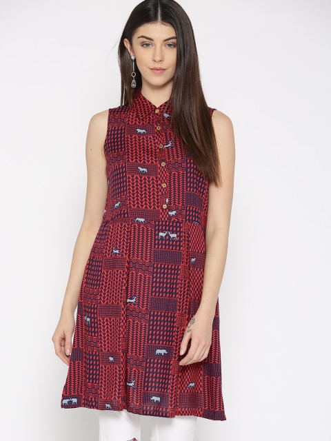 

Global Desi Red & Navy Blue Printed A-Line Tunic