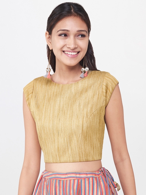 Global Desi Women Gold-Toned Self-Design Top Global Desi Women Gold-Toned Self-Design Top