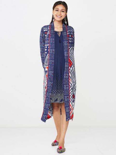 

Global Desi Blue Printed Open Front Shrug