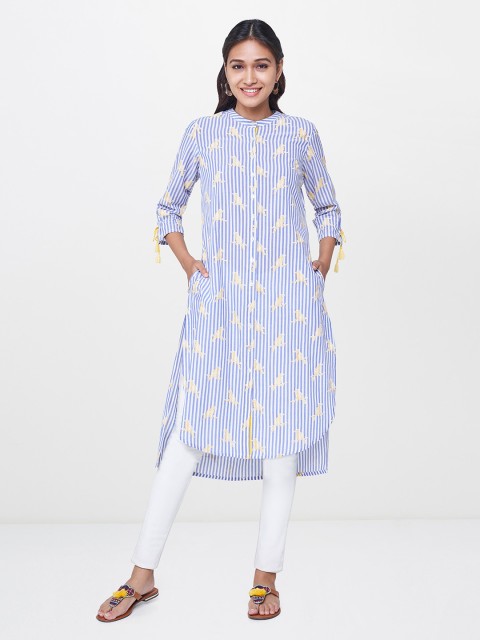 

Global Desi Women Blue & White Striped A-Line Kurta