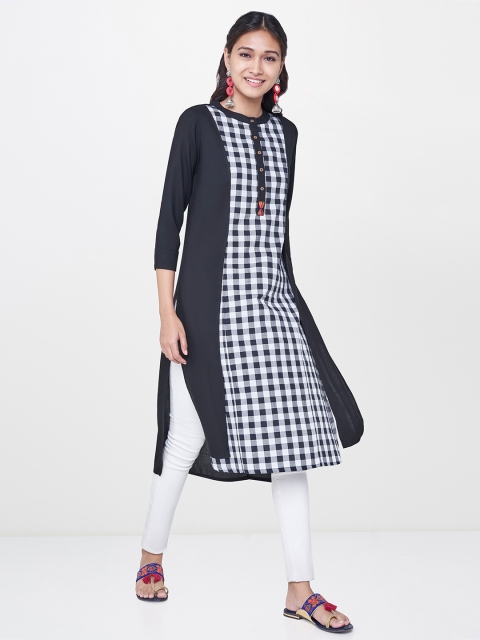 

Global Desi Women Black & White Checked A-Line Kurta