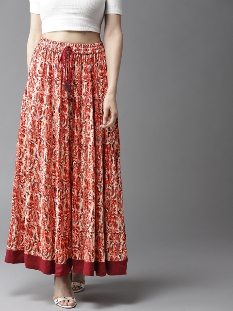 

HERE&NOW Women Orange & Beige Printed Maxi Tiered Skirt