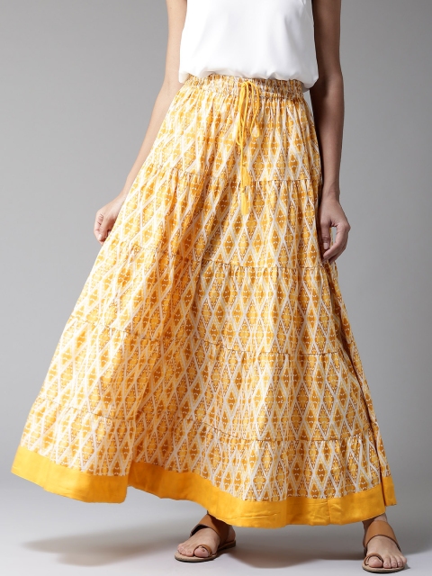 

HERE&NOW Mustard Yellow & Off-White Printed Maxi Tiered Skirt