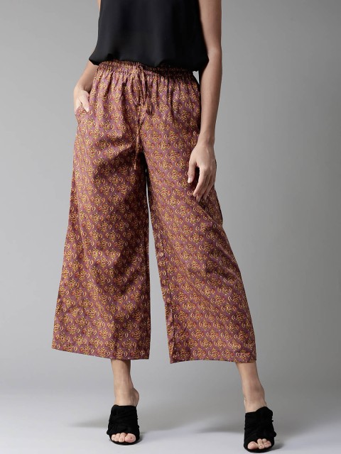 

HERE&NOW Women Mauve & Mustard Yellow Printed Wide Leg Palazzos