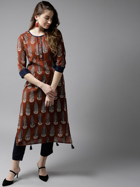 

HERE&NOW Women Rust Red Printed Straight Kurta