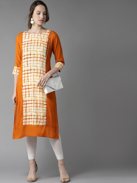 

HERE&NOW Women Rust Orange & Cream-Coloured Checked Straight Kurta
