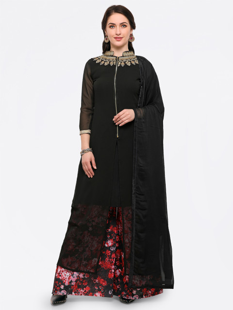 

Satrani Black & Pink Poly Georgette Semi-Stitched Dress Material