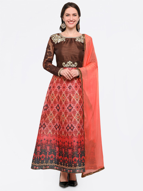 

Satrani Peach-Coloured & Brown Dupion Silk Semi-Stitched Dress Material