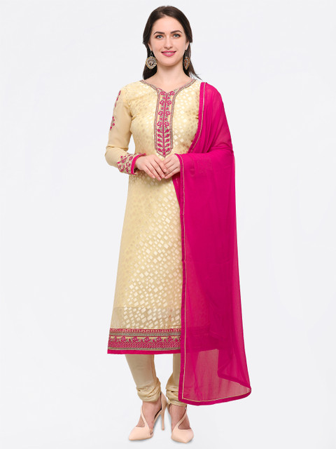

Satrani Cream-Coloured & Magenta Poly Georgette Semi-Stitched Dress Material