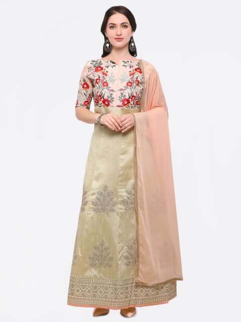 

Satrani Cream-Coloured & Peach-Coloured Raw Silk Semi-Stitched Dress Material