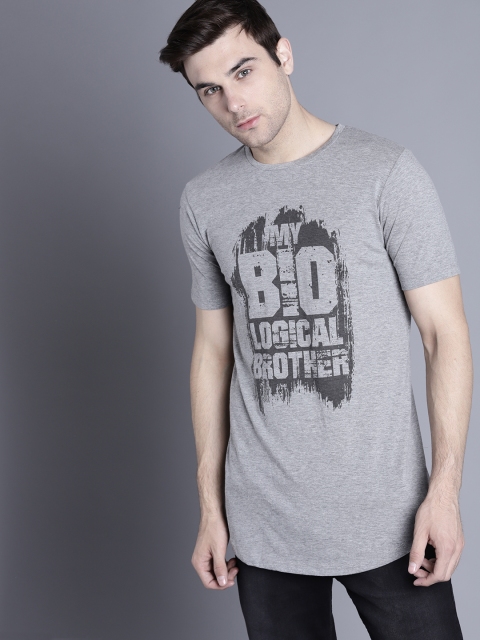 

Kook N Keech Men Grey Melange Printed Longline T-shirt