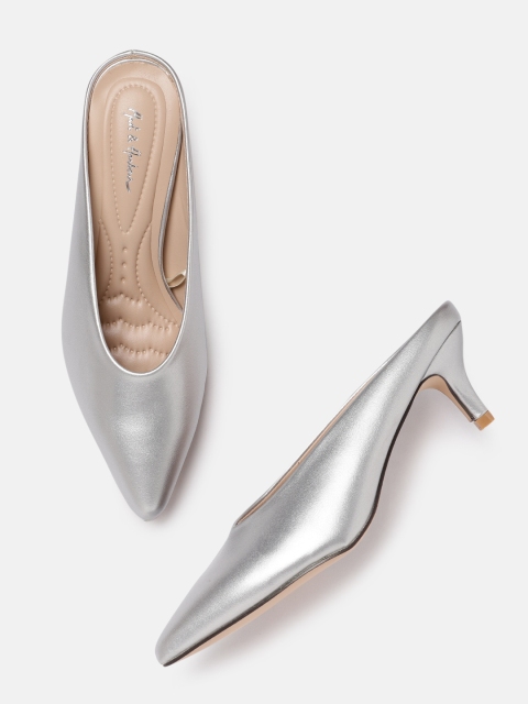 

Mast & Harbour Women Silver-Toned Solid Mules