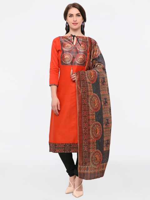 

Satrani Orange & Black Cotton Blend Semi-Stitched Dress Material