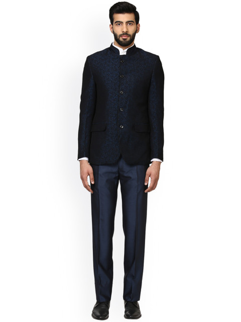 

Raymond Blue Self-Design Single-Breasted Bandhgala Suit
