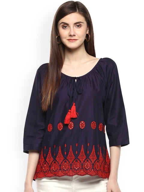 

Bhama Couture Women Blue Printed A-Line Pure Cotton Top