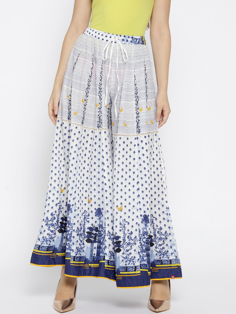 

Biba Women White & Blue Printed Flared Palazzos