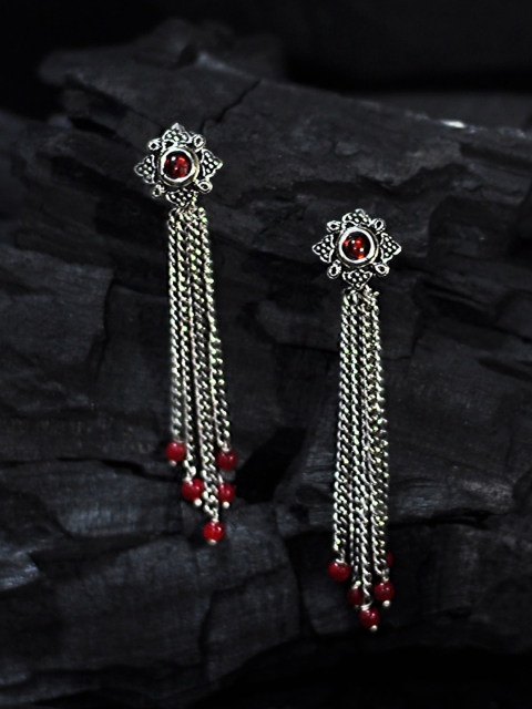 

Rubans Silver-Toned & Red Contemporary Drop Earrings