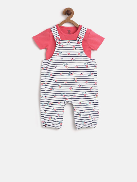 

MINI KLUB Kids Girls White & Pink Striped Dungaree Set