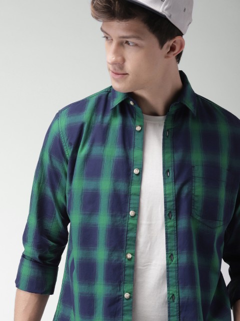 

Harvard Men Green & Navy Blue Slim Fit Checked Casual Shirt