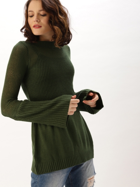 

DressBerry Women Olive Green Self Design Pullover