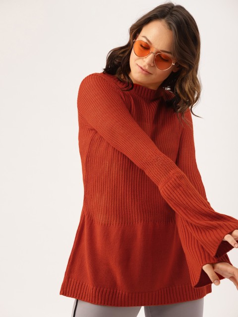 

DressBerry Women Rust Orange Self Design Pullover Sweater