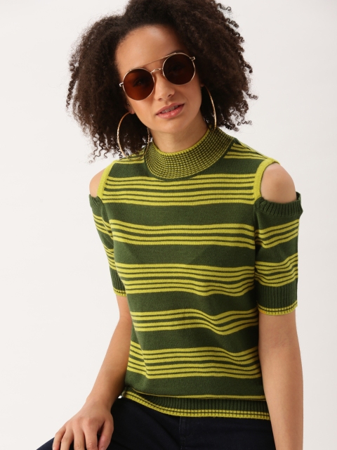 

DressBerry Women Mustard Yellow & Olive Green Striped Cold Shoulder Pullover