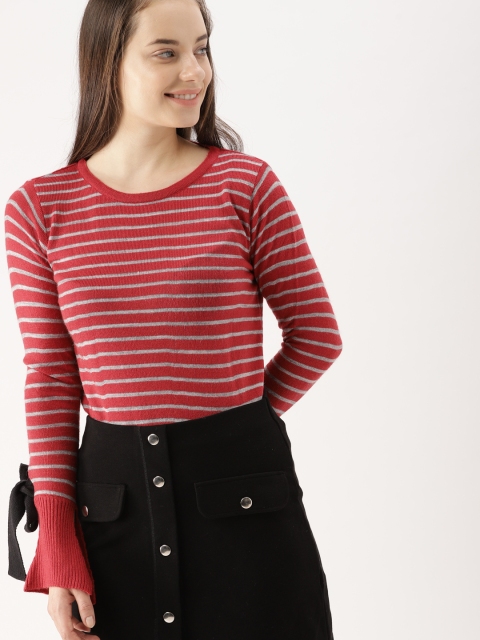 

DressBerry Women Red & Grey Melange Striped Pullover