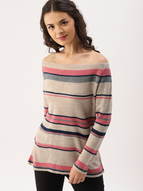 

DressBerry Women Beige & Pink Striped Pullover