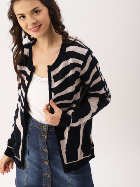 

DressBerry Women Navy Blue & Pink Self Design Cardigan