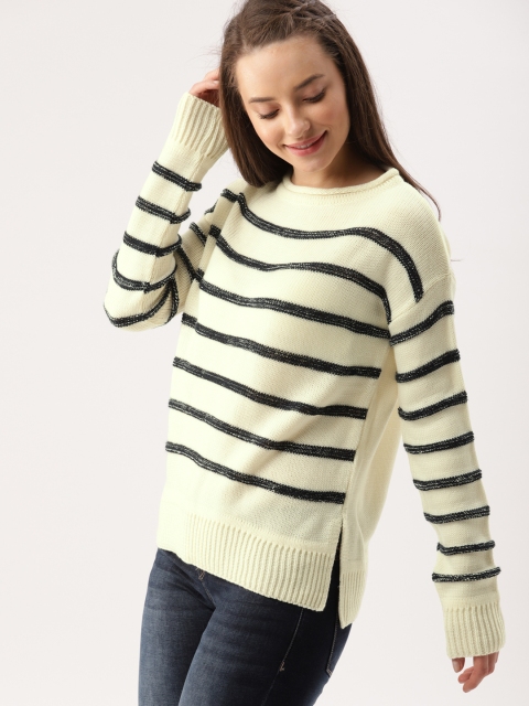 

DressBerry Women Off-White & Navy Blue Striped Sweater