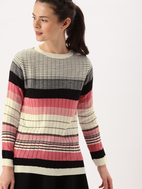 

DressBerry Women Off-White & Pink Striped Sweater
