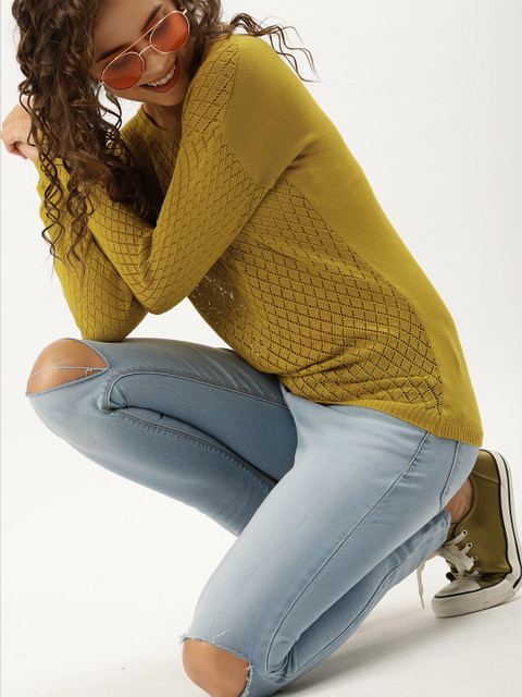 

DressBerry Women Mustard Yellow Self Design Pullover