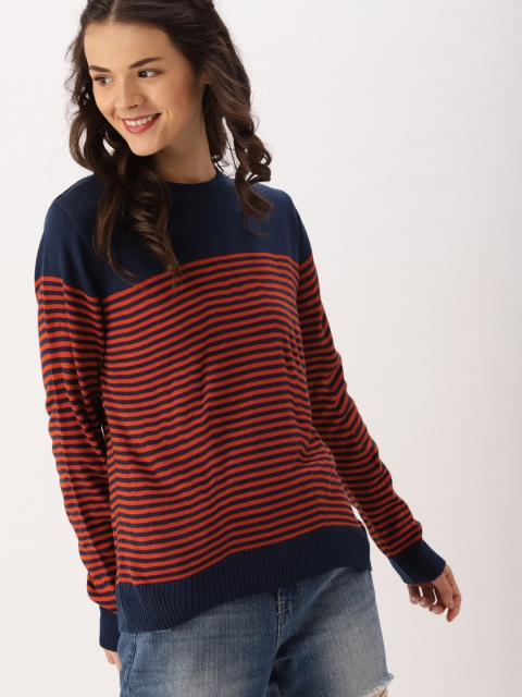 

DressBerry Women Navy Blue & Rust Striped Pullover