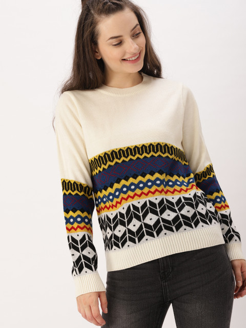 

DressBerry Women Off-White Self Design Pullover