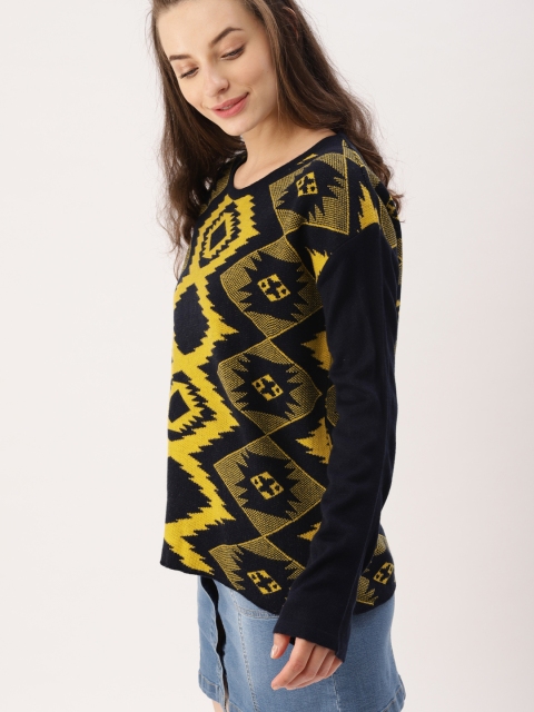 

DressBerry Women Navy Blue & Yellow Self Design Pullover