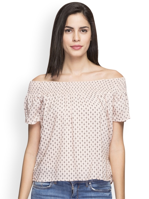 

Cottonworld Women Peach-Coloured Printed Bardot Top