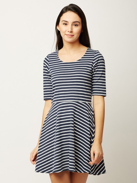 

Miss Chase Women Navy Blue And White Striped Fit and Flare Dress