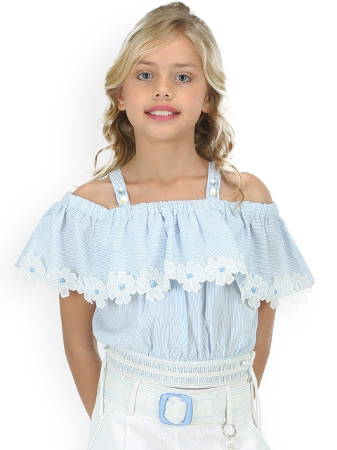 

CUTECUMBER Girls Blue Striped Blouson Pure Cotton Top