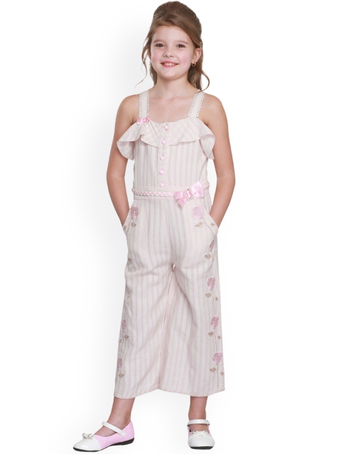 

CUTECUMBER Girls Cream-Coloured & Pink Striped Basic Jumpsuit