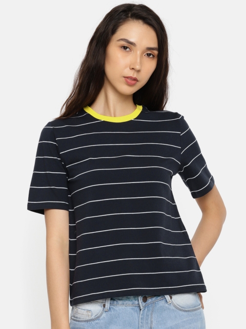 

ONLY Women Navy Blue & White Striped Round Neck T-shirt